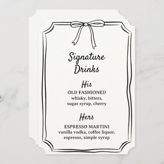 手描き弓シグネチャードリンク結婚ズバー メニュー (正面/裏面)