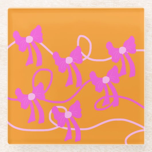 手描き弓ピンクイエロー愛好家 ガラスコースター (正面)