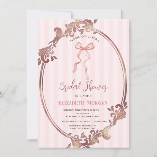 手描き弓、フレームピンクストライプブライダルシャワー 招待状 (正面)