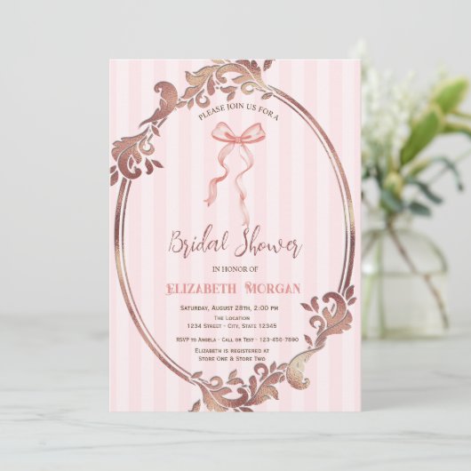 手描き弓、フレームピンクストライプブライダルシャワー 招待状 (スタンド正面)