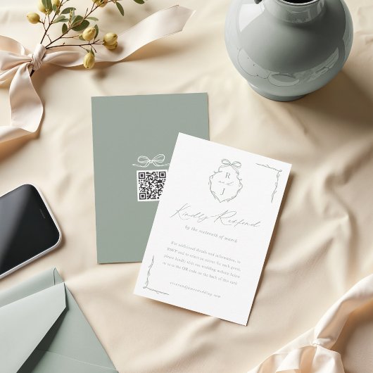 手描き弓&リボンモノグラムクレスト結婚ズ 出欠カード