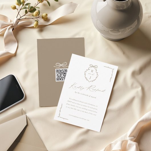 手描き弓&リボンモノグラムクレスト結婚ズ 出欠カード