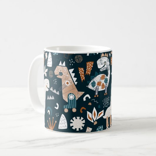 手描き恐竜の子どもじみた継ぎ目のない模様 コーヒーマグカップ (正面左)