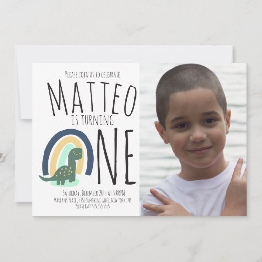 手描き恐竜レインボーバースデーパーティー写真 招待状 (正面)
