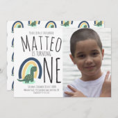 手描き恐竜レインボーバースデーパーティー写真 招待状 (正面/裏面)