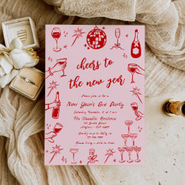 手描き新年イブパーティの招待状ピンクレッド 招待状