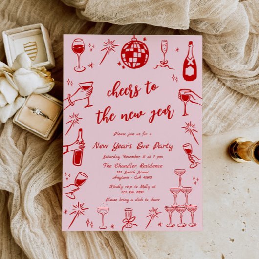 手描き新年イブパーティの招待状ピンクレッド 招待状