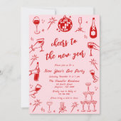 手描き新年イブパーティの招待状ピンクレッド 招待状 (正面)