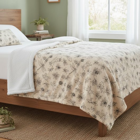 手描き昆虫模様ブランケット シェルパブランケット