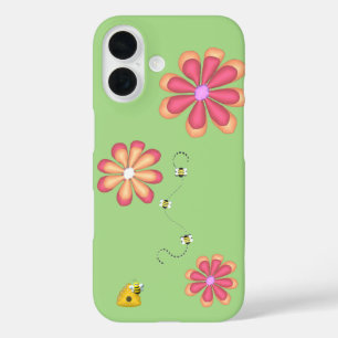 手描き明るい花カラフルハチのライム iPhone 16ケース