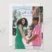 手描き明るい青フォトモノグラム結婚ズ セーブザデート (裏面)