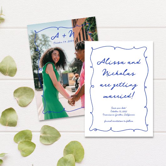 手描き明るい青フォトモノグラム結婚ズ セーブザデート