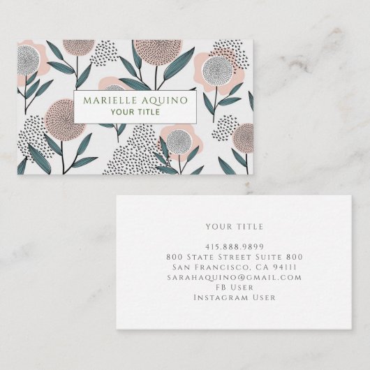 手描き春フローラダスティコーラル&グリーン 名刺 (正面/裏面)