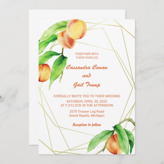手描き桃の水彩結婚式招待状 招待状 (正面/裏面)
