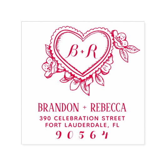 手描き植物性ハートイニシャル差出人住所 セルフインキングスタンプ (デザイン)