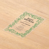 手描き植物性ベビーシャワー アクリル招待状 (レイダウン)