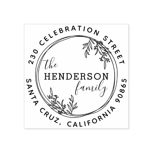 手描き植物性リースラウンド差出人住所 ラバースタンプ (インプリント)