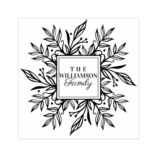 手描き植物繁茂リース家名 ラバースタンプ (インプリント)