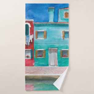 手描き水彩イタリア風景 バスタオル