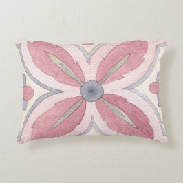 手描き水彩フローラタイル模様ピンク アクセントクッション