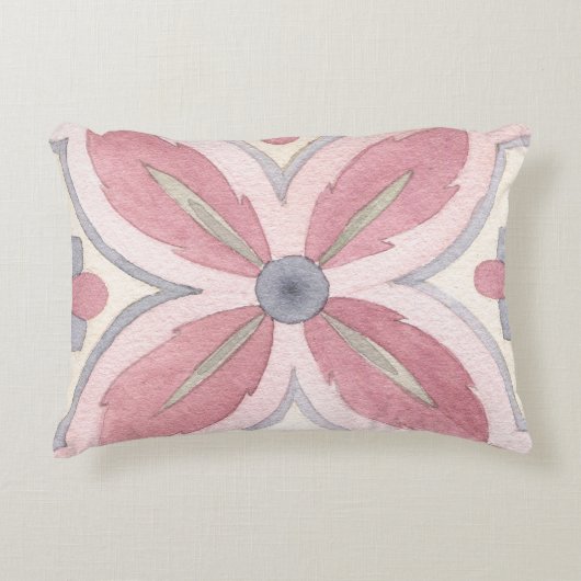 手描き水彩フローラタイル模様ピンク アクセントクッション (正面)