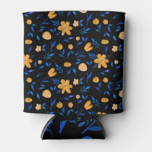 手描き水彩花と葉模様。 缶クーラー (正面)