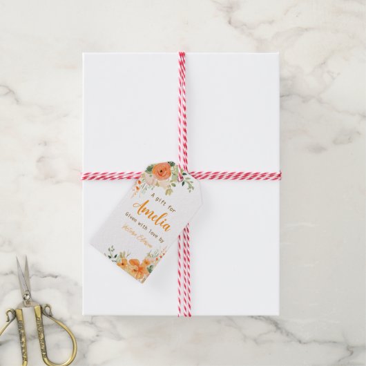 手描き水彩花のベビーシャワー ギフトタグ (より糸付き)