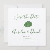 手描き水彩 葉のグリーン Save the Date 写真 カード (正面)