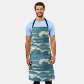 手描き波レトロヴィンテージパターン エプロン (着用した状態)