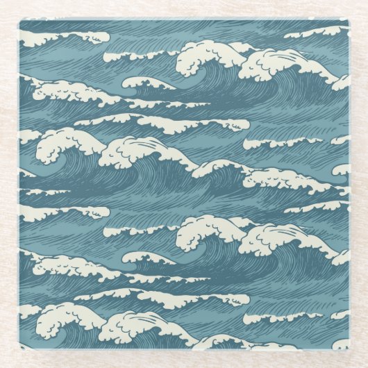 手描き波レトロヴィンテージパターン ガラスコースター (正面)