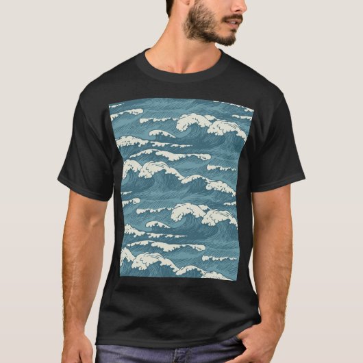 手描き波レトロヴィンテージパターン Tシャツ (正面)