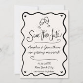 手描き波打ち結婚式の日付写真を保存 招待状 (正面)