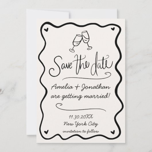 手描き波打ち結婚式の日付写真を保存 招待状 (正面)