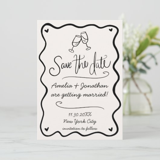 手描き波打ち結婚式の日付写真を保存 招待状 (スタンド正面)