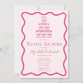 手描き波状フレームレトロピンクボウブライダルシャワー 招待状 (正面)