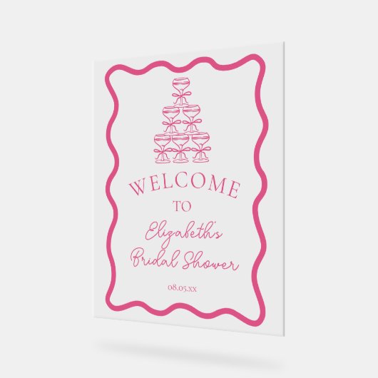 手描き波状フレーム&シャンパンタワーウェルカム アクリルサイン (傾斜)