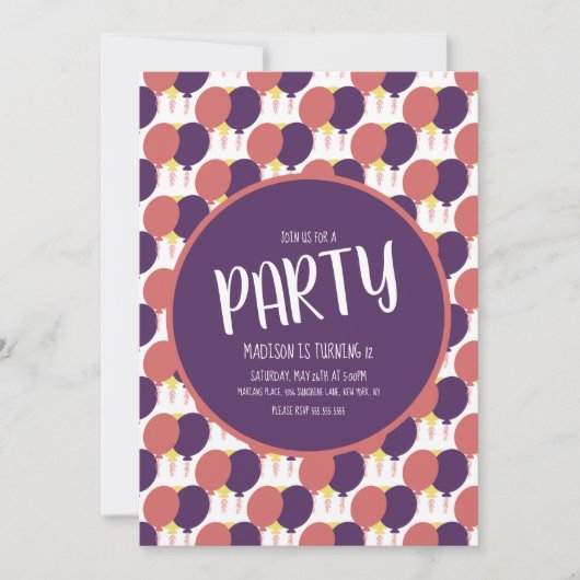 手描き浮動バルーンパターン誕生日 招待状 (正面)