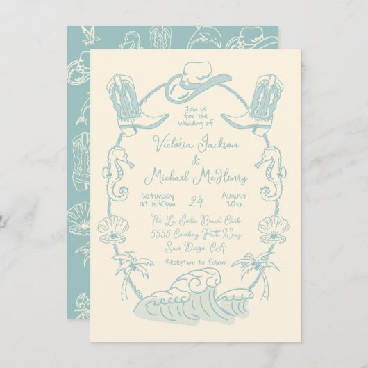 手描き熱帯沿岸カウボーイビーチ結婚式 招待状 (正面/裏面)