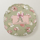 手描き牡丹の模様の丸い枕 ラウンドクッション (正面)