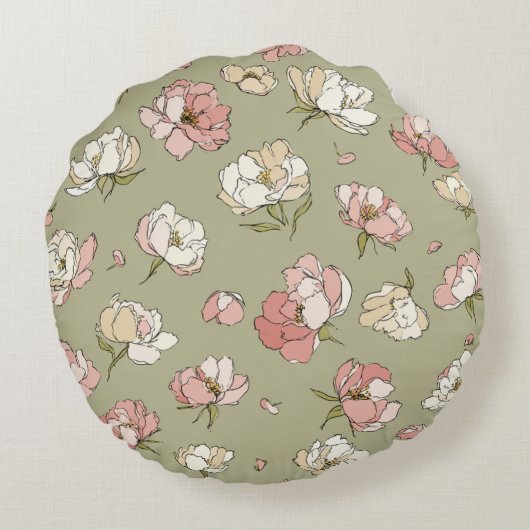 手描き牡丹の模様の丸い枕 ラウンドクッション (裏面)