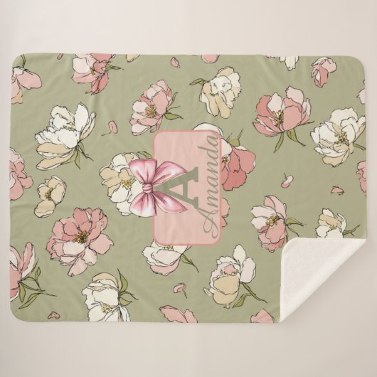 手描き牡丹模様シェルパ毛布 シェルパブランケット (正面(横))