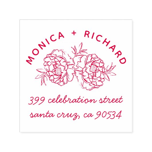 手描き牡丹 |名前とハンドアド書レス セルフインキングスタンプ (デザイン)