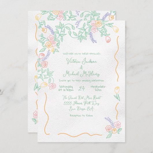 手描き甘い野生結婚の花 招待状 (正面/裏面)