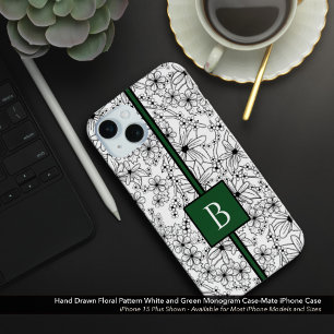 手描き白花柄と緑モノグラム iPhone 15 MINIケース