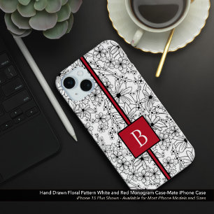 手描き白花柄と赤モノグラム iPhone 15 MINIケース