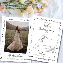 手描き白黒シック写真卒業 招待状