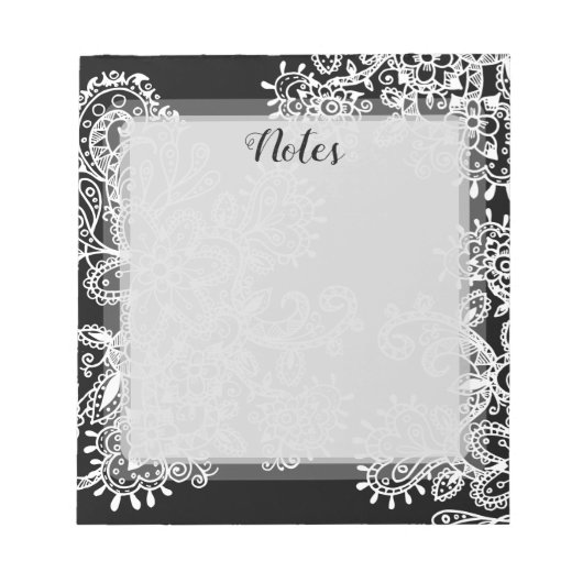 手描き白黒マンダラフラワーズドゥードル ノートパッド (正面)