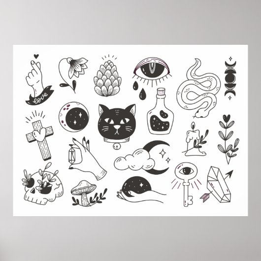 手描き神秘的なタトゥー・ドードル、ヴィンテージ・バッジ ポスター (正面)