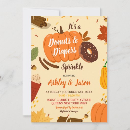 手描き秋カボチャのドーナツおむつ赤ちゃんシャワー 招待状 (正面)