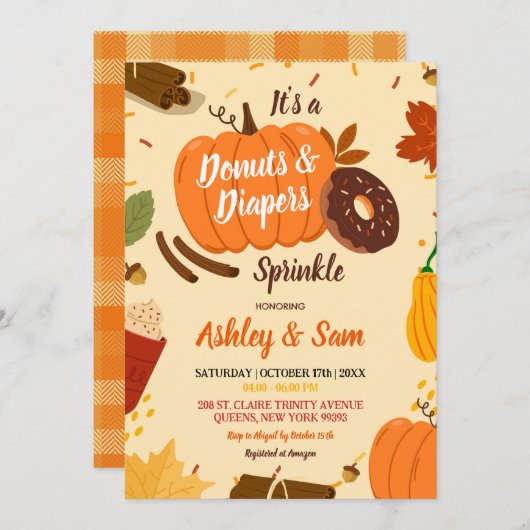 手描き秋カボチャのドーナツおむつ赤ちゃんシャワー 招待状 (正面/裏面)